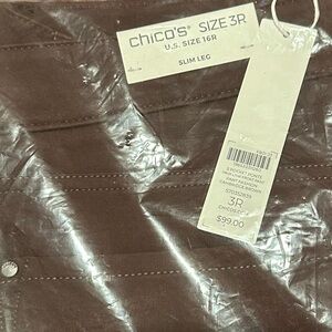 Chico's 5-Pocket Faux Leather Front Ponte Knit Pants, Size 3R, Cambridge Brown